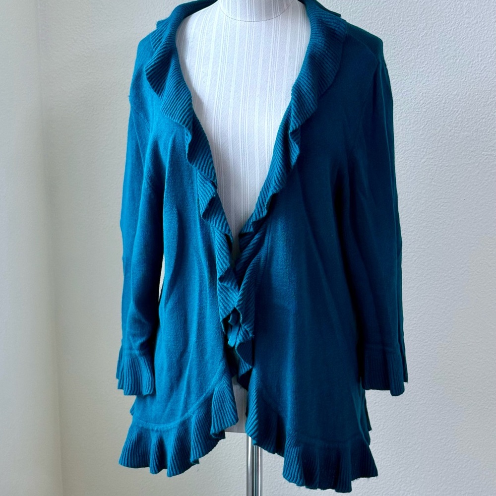 Coldwater Creek Teal Ruffle Tie Front 3/4 Sleeves Cardigan Rabbit Hair Blend L
